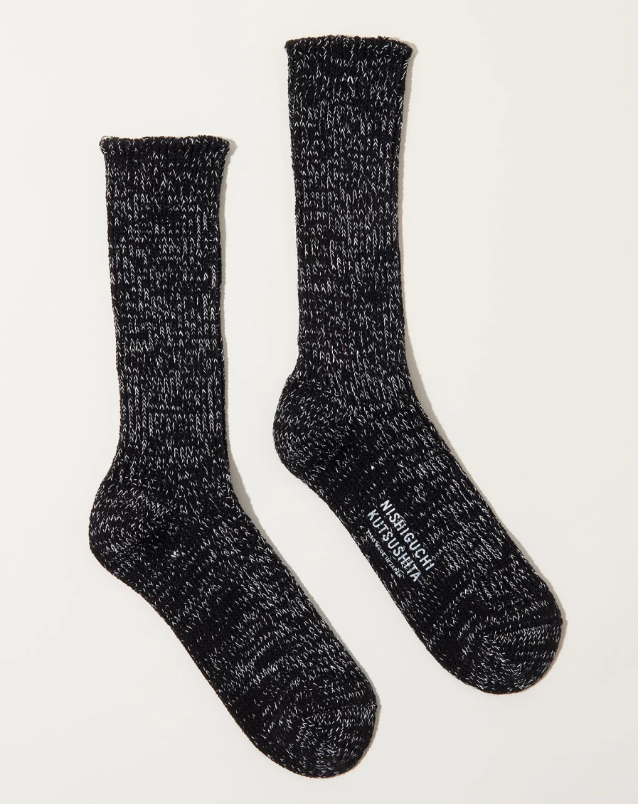 Nishiguchi Kutsushita Black Hemp Cotton Ribbed Socks for Men & Women - Eco-Friendly Comfort
