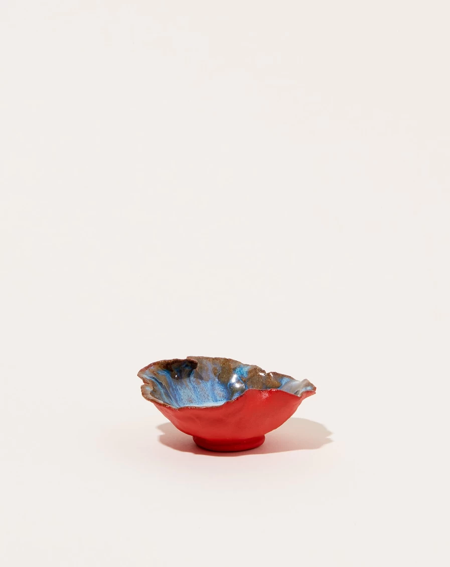 Minh Singer Red Mini Ceramic Flower Dish with Waterfall Design for Home Decor