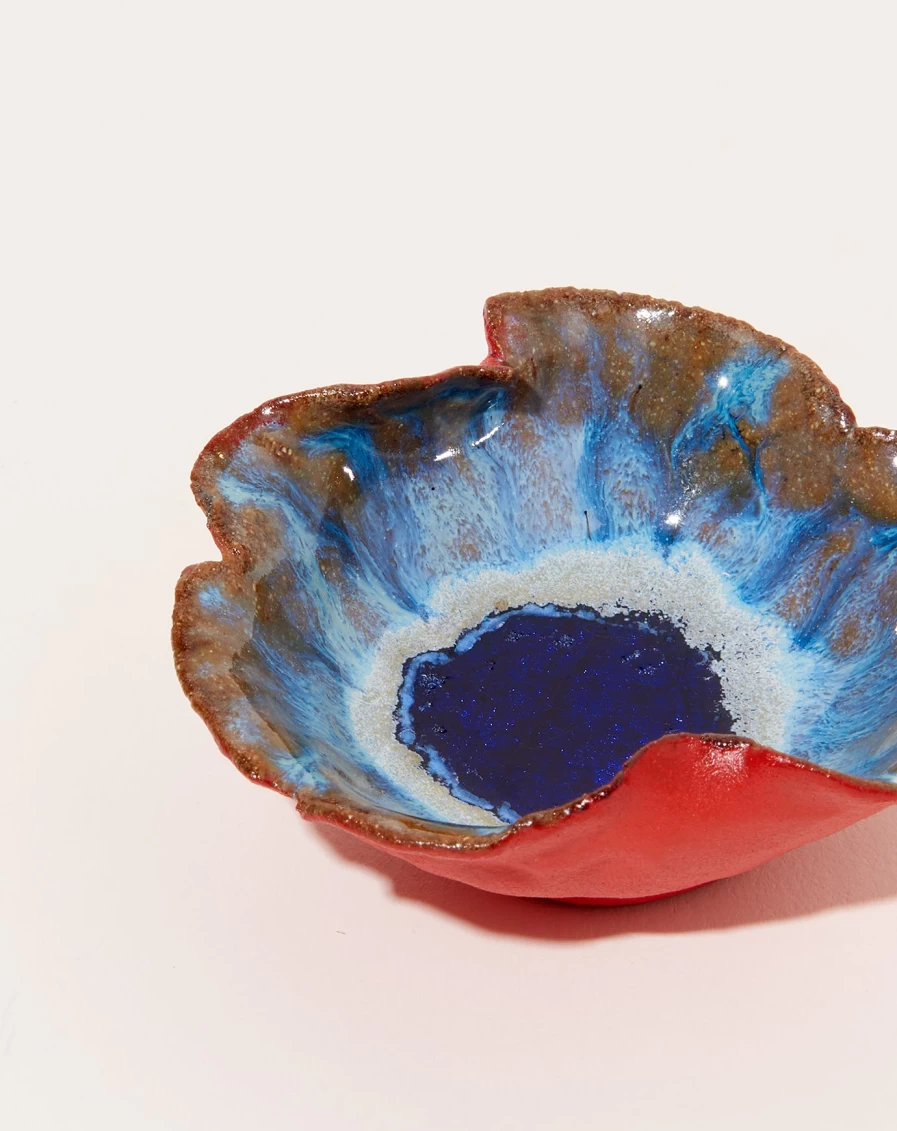 Minh Singer Red Mini Ceramic Flower Dish with Waterfall Design for Home Decor