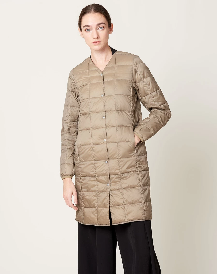 Taion Women's Khaki V-Neck Long Down Jacket - Warm Winter Coat
