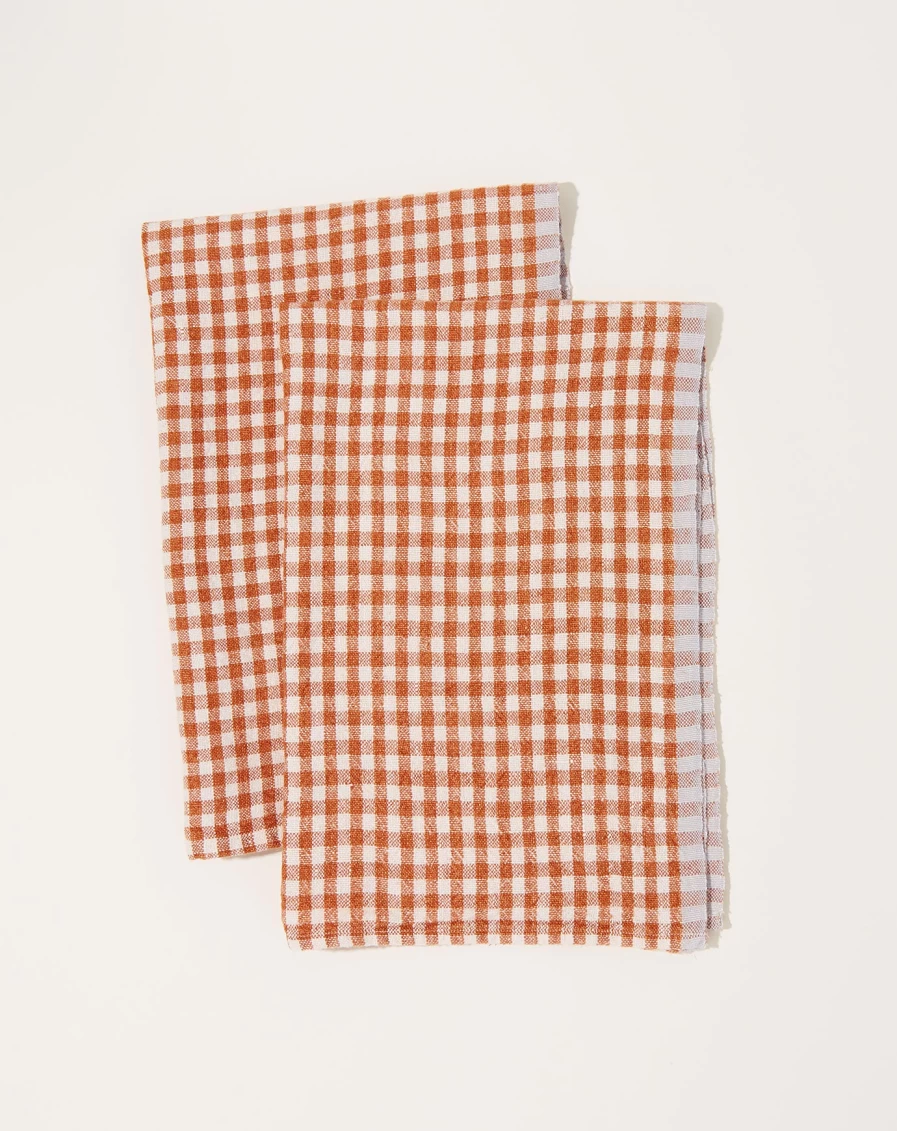 Caravan Two-Tone Gingham Kitchen Towels Set of 2 - Cognac & Blue Striped Cotton Dish Towels