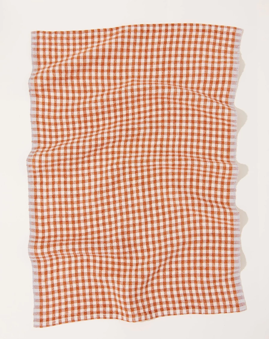 Caravan Two-Tone Gingham Kitchen Towels Set of 2 - Cognac & Blue Striped Cotton Dish Towels
