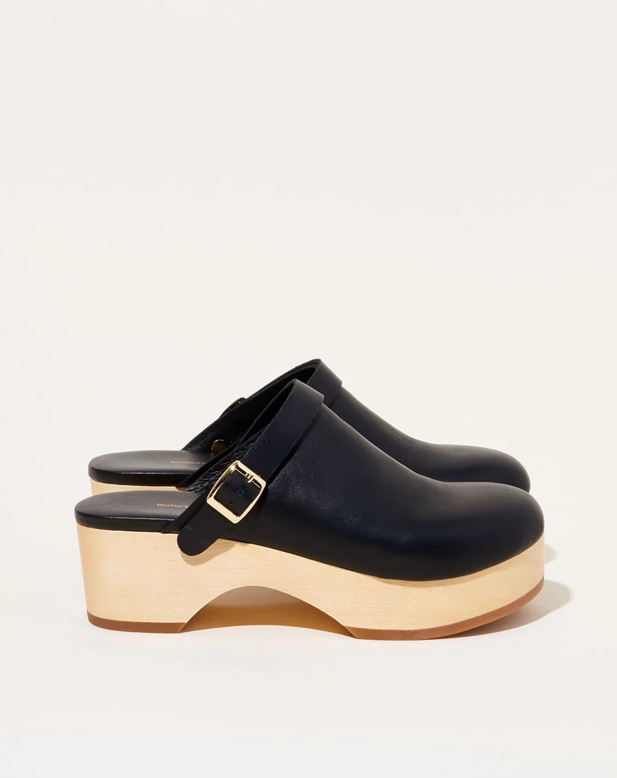 "Beatrice Valenzuela Wooden Clog Shoes in Kohl | Handcrafted Leather Sandals"
