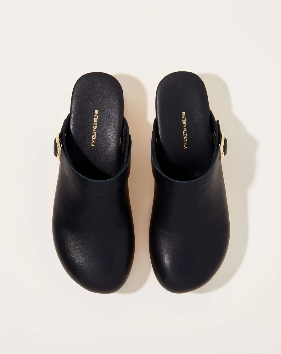 "Beatrice Valenzuela Wooden Clog Shoes in Kohl | Handcrafted Leather Sandals"