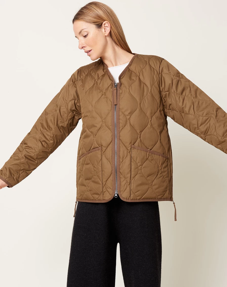 Taion Light Brown Military Zip V-Neck Down Jacket – Warm Quilted Outerwear Coat