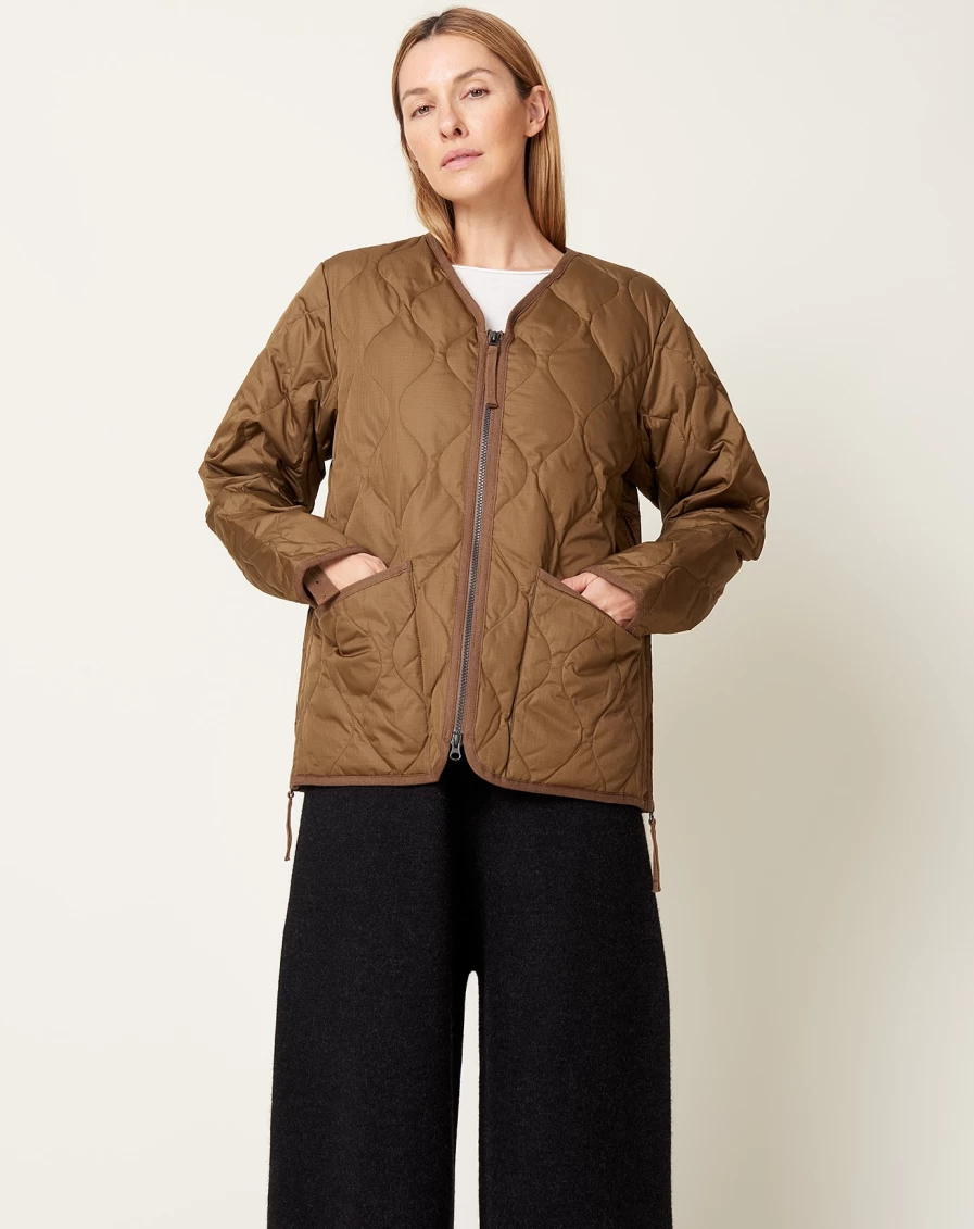 Taion Light Brown Military Zip V-Neck Down Jacket – Warm Quilted Outerwear Coat