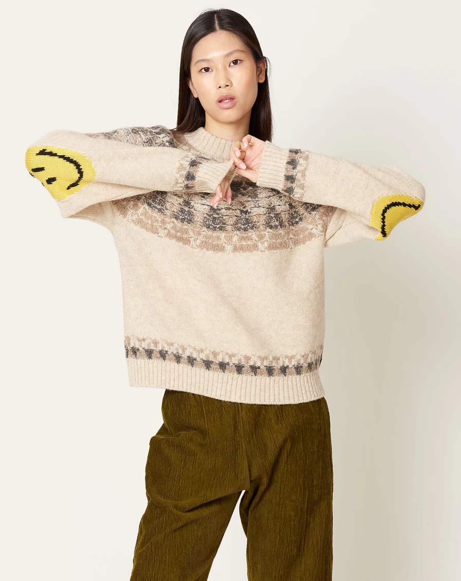 Kapital 5G Wool Nordic Smilie Patch Raglan Sweater - Vintage Inspired Knit Pullover