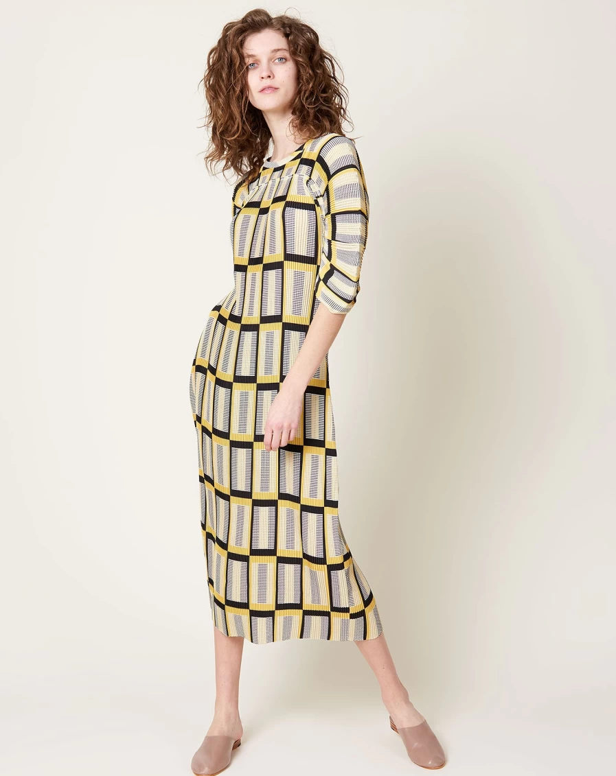 Henrik Vibskov Lupu Plisse Dress - Yellow & Black Checkered Pattern Women's Fashion
