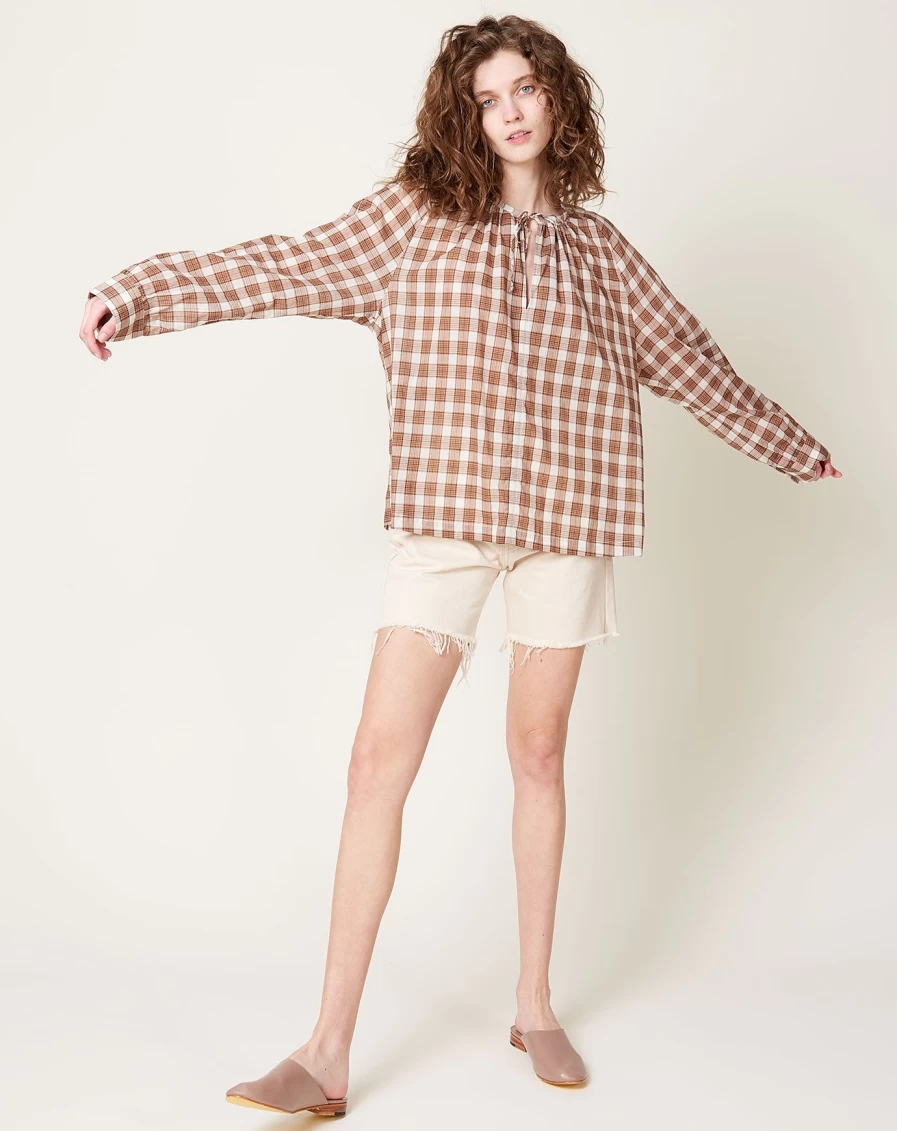 6397 Brown Plaid Peasant Top - Stylish & Comfortable Women's Blouse