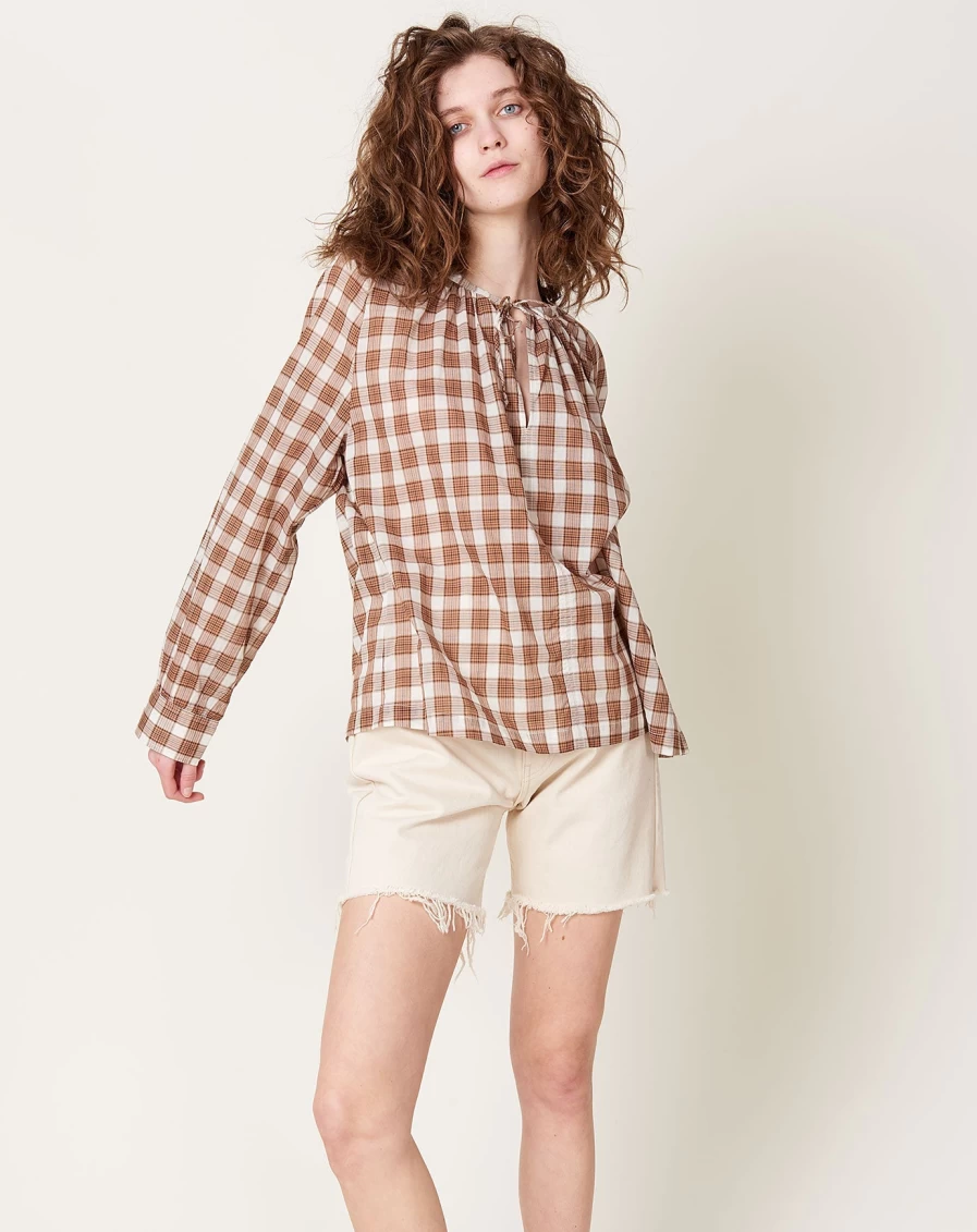 6397 Brown Plaid Peasant Top - Stylish & Comfortable Women's Blouse