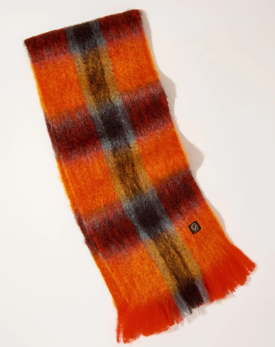 Mantas Ezcaray Orange Mohair Tartan Check Scarf - Luxury Wool Winter Accessory