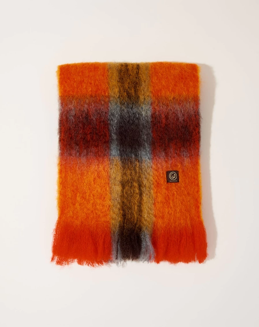 Mantas Ezcaray Orange Mohair Tartan Check Scarf - Luxury Wool Winter Accessory