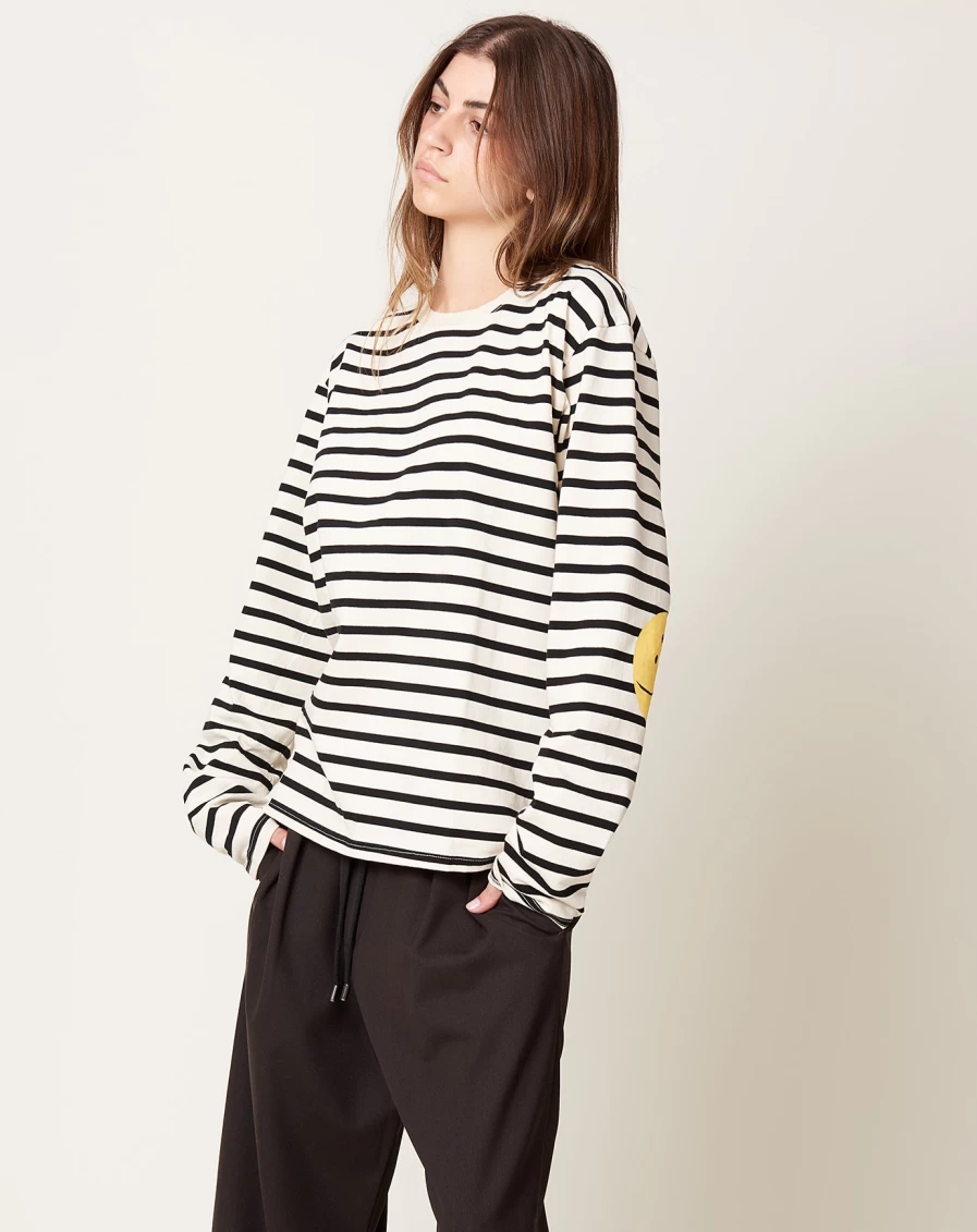 Kapital Black & Ecru Stripe Jersey Crew Long Sleeve T-Shirt with Rainbow Patch