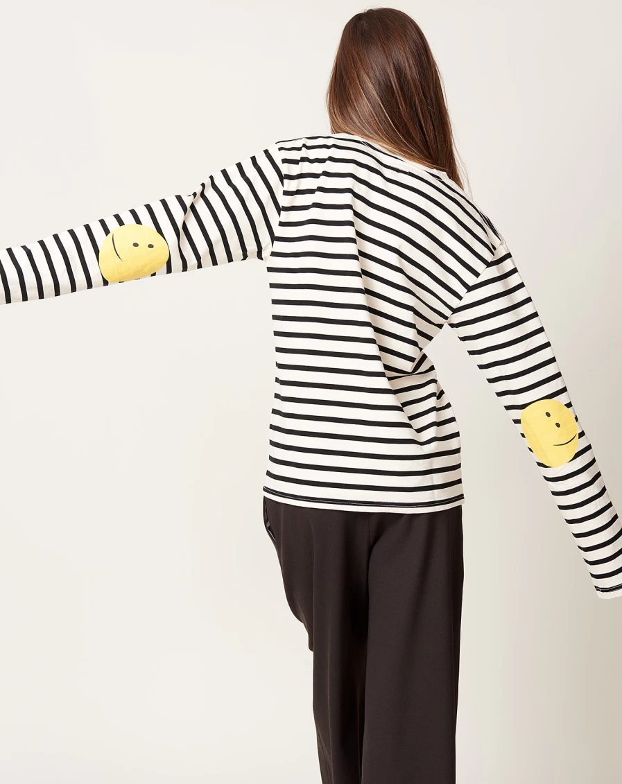 Kapital Black & Ecru Stripe Jersey Crew Long Sleeve T-Shirt with Rainbow Patch