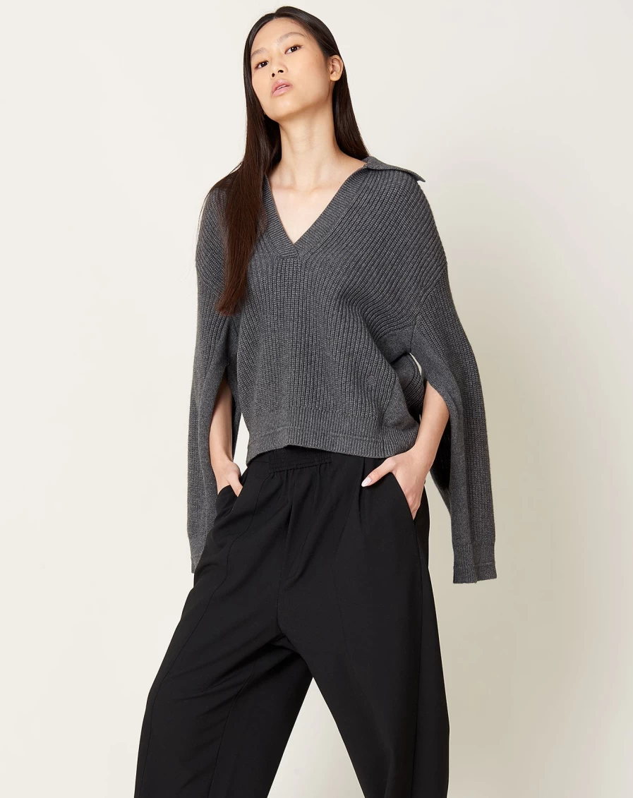 Maria McManus Charcoal Split Sleeve Collar Knit Sweater for Women