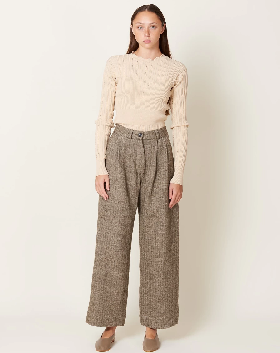 "Cawley Japanese Linen Wool Mara Trousers for Women - Natural & Grey High-Waist Comfort Pants"