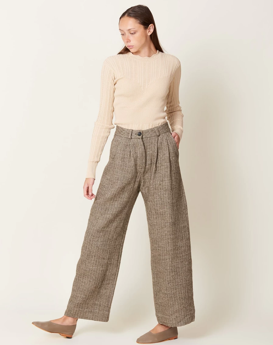 "Cawley Japanese Linen Wool Mara Trousers for Women - Natural & Grey High-Waist Comfort Pants"