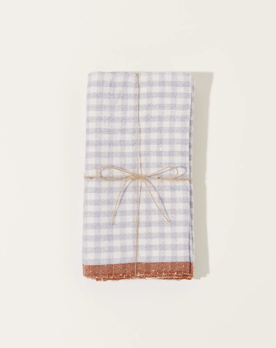 "Caravan Blue & Cognac Two-Tone Gingham Napkins, Set of 4 - Stylish Table Linens for Dining"
