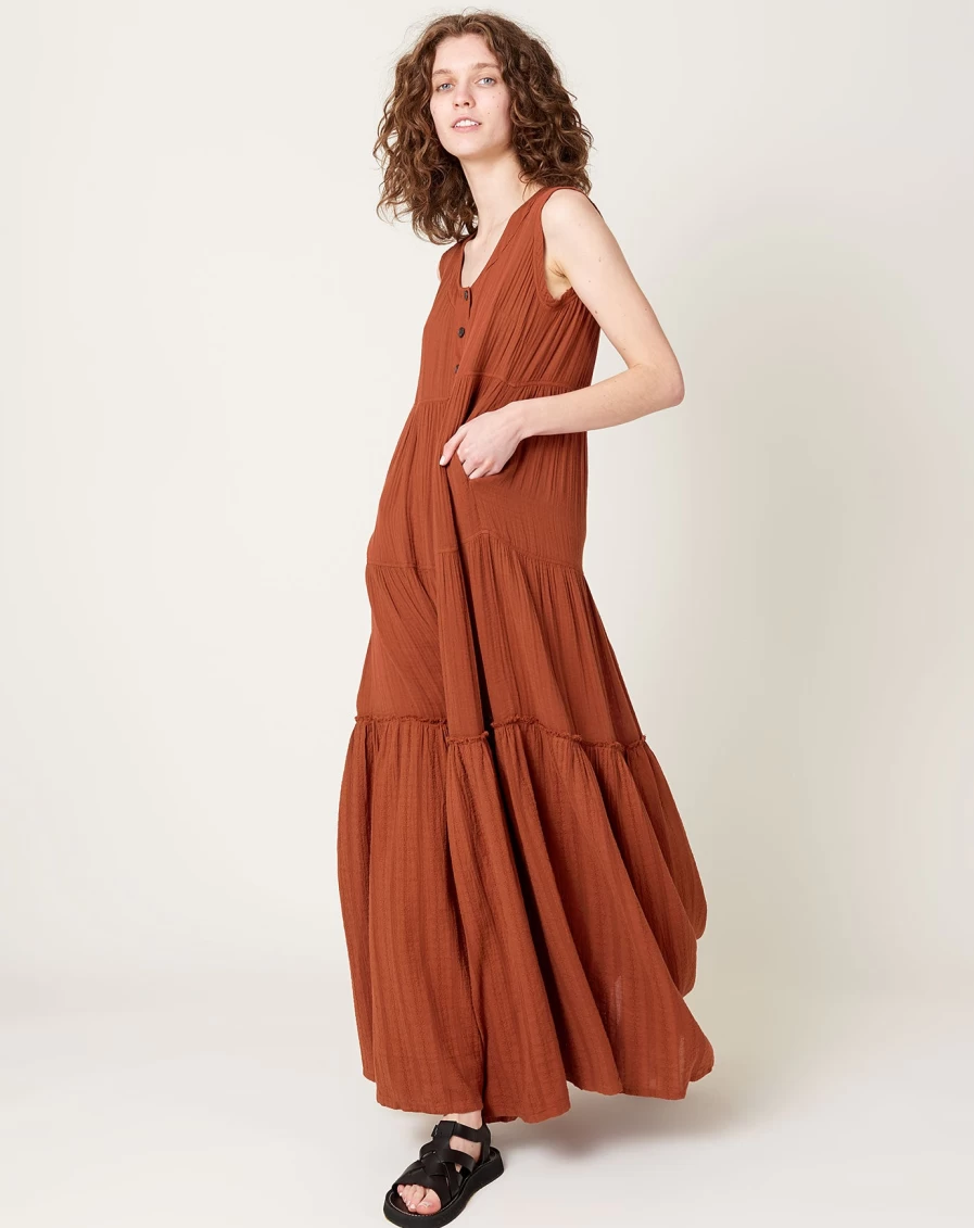 Raquel Allegra Rust Tiered Roma Dress - Boho Chic Layered Maxi Dress