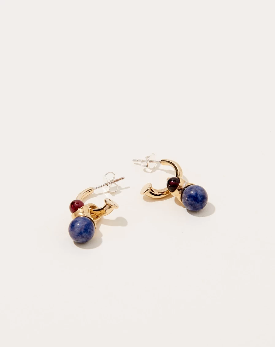 Quarry Brass Aren Earrings with Garnet and Sodalite Gemstones - Handcrafted Bohemian Jewelry