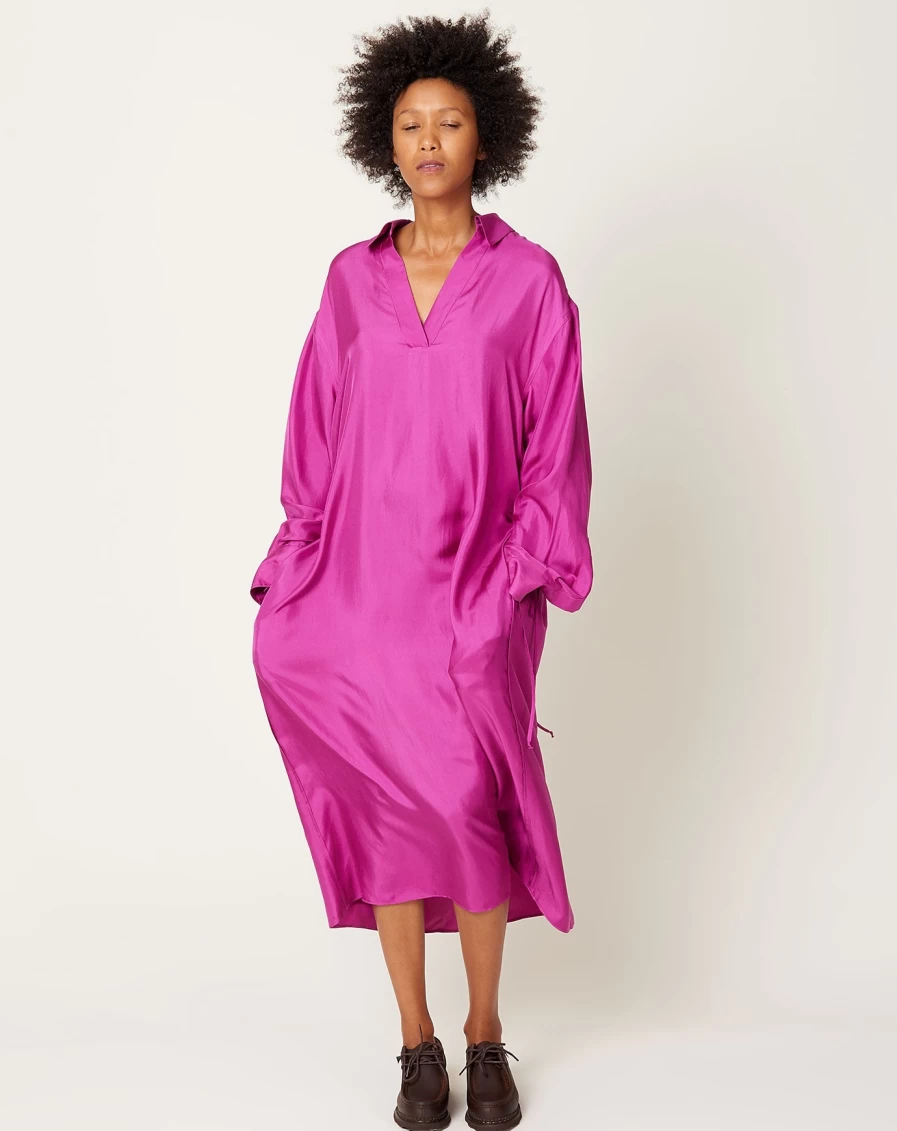 6397 Women's Fuchsia Gathered Polo Collar Casual Dress