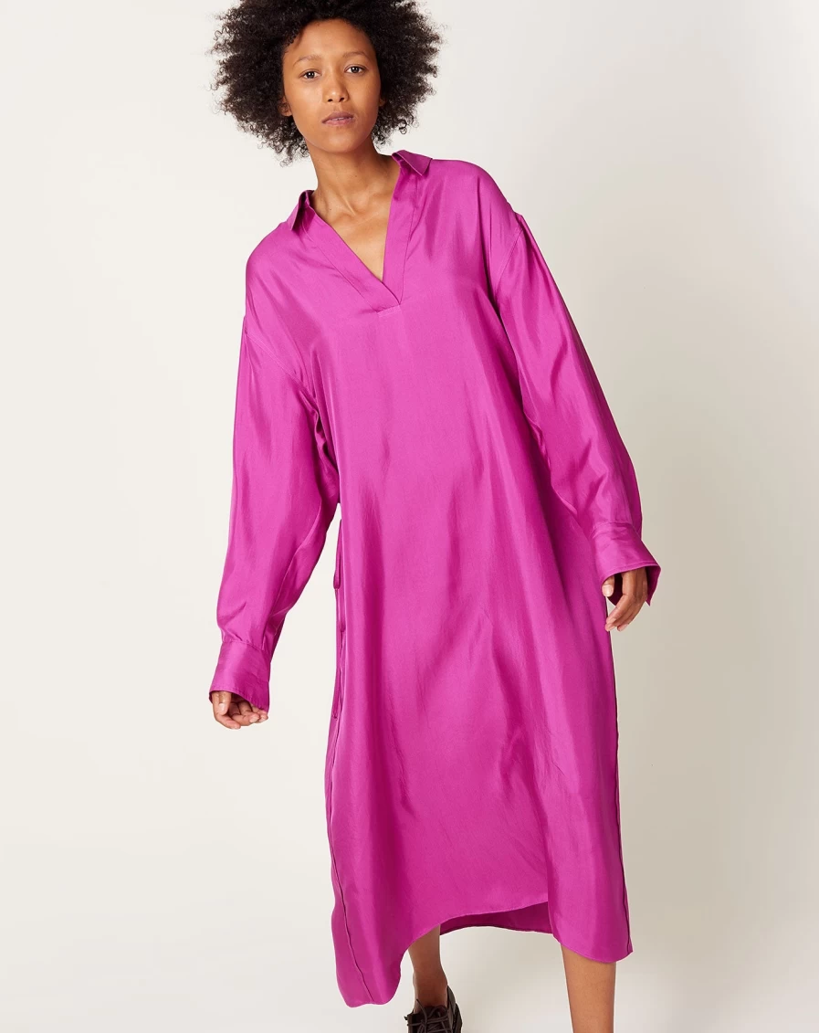 6397 Women's Fuchsia Gathered Polo Collar Casual Dress