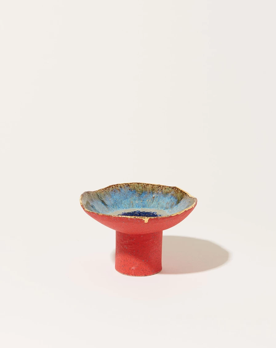 Minh Singer Waterfall Red Small Pedestal Bowl - Handcrafted Ceramic Decorative Serving Dish