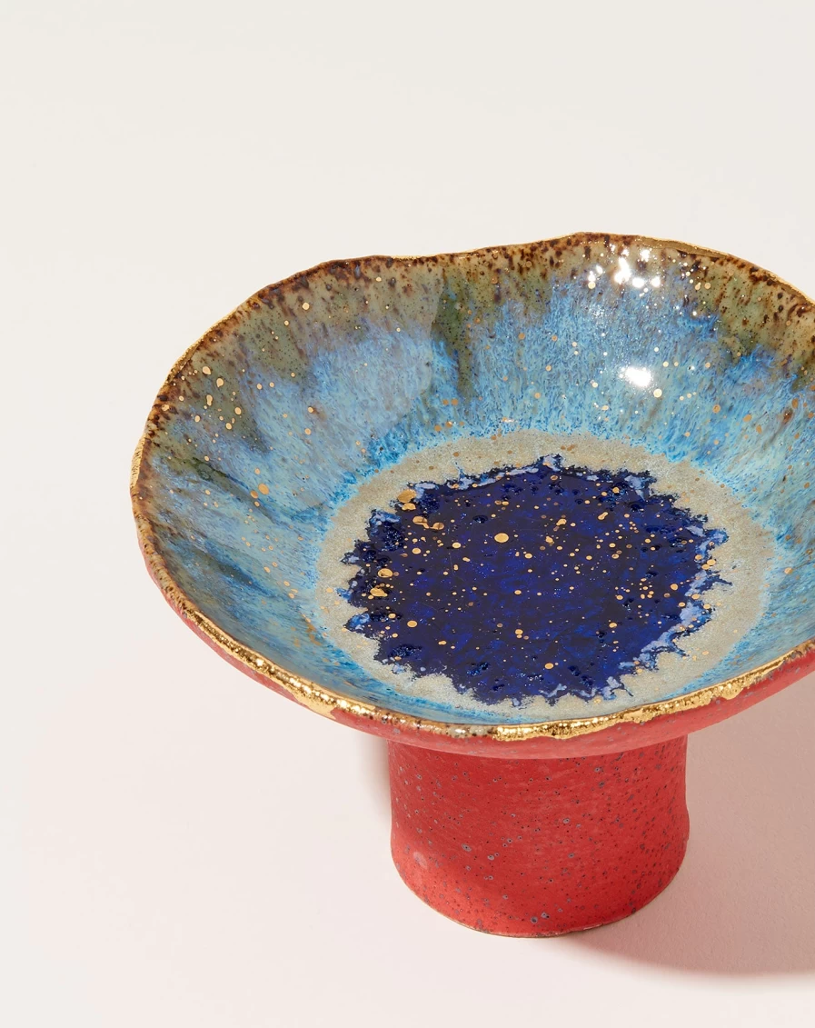 Minh Singer Waterfall Red Small Pedestal Bowl - Handcrafted Ceramic Decorative Serving Dish