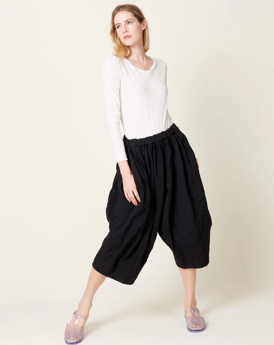 Comme des Garçons Black Serge Curved Leg Pants - High-Waisted Wide Trousers for Women