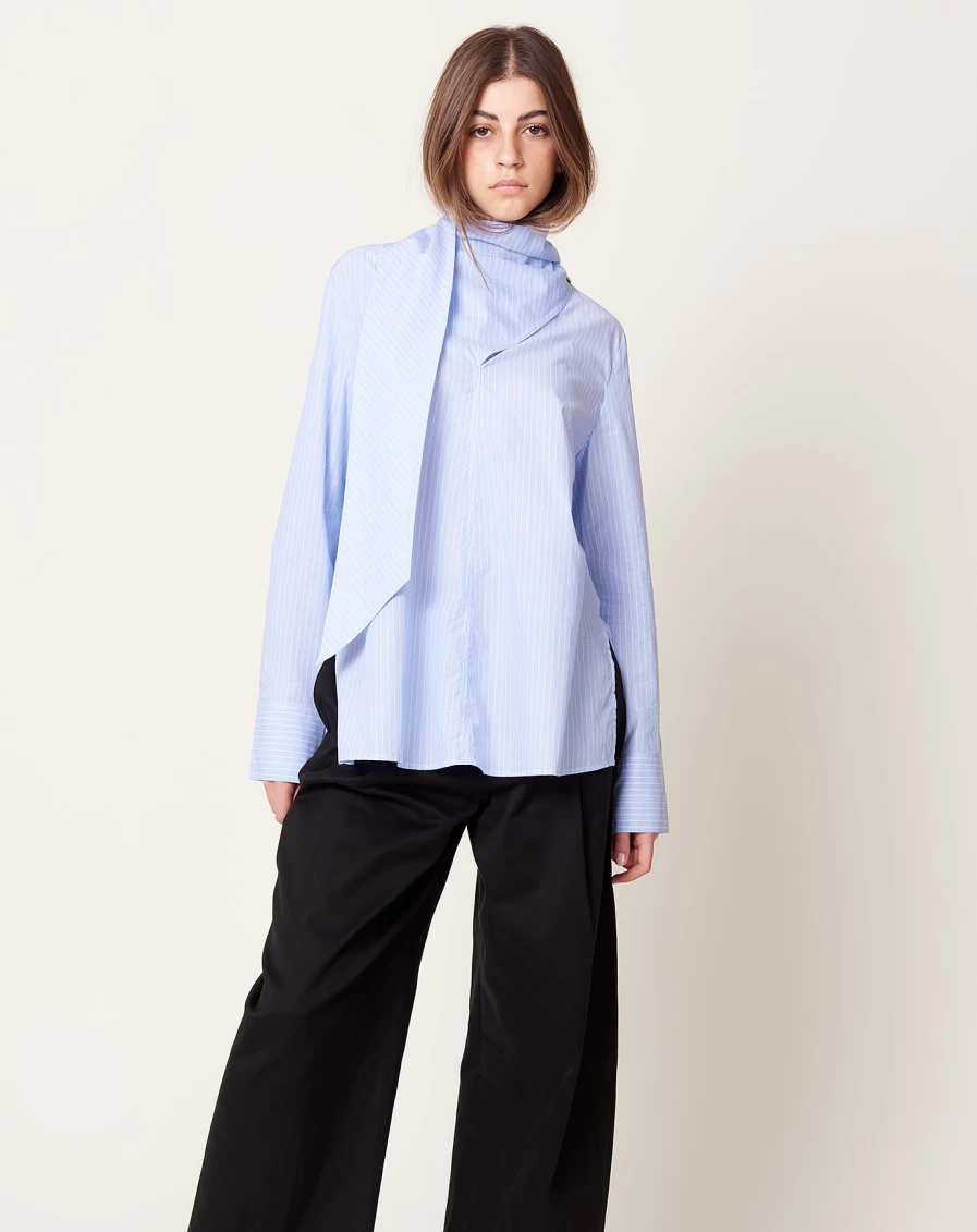 Studio Nicholson Blue Broken Stripe Utah Scarf Neck Top