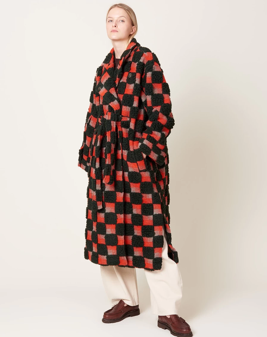 Henrik Vibskov Green & Orange Teddy Check Midnight Coat - Winter Fashion Outerwear