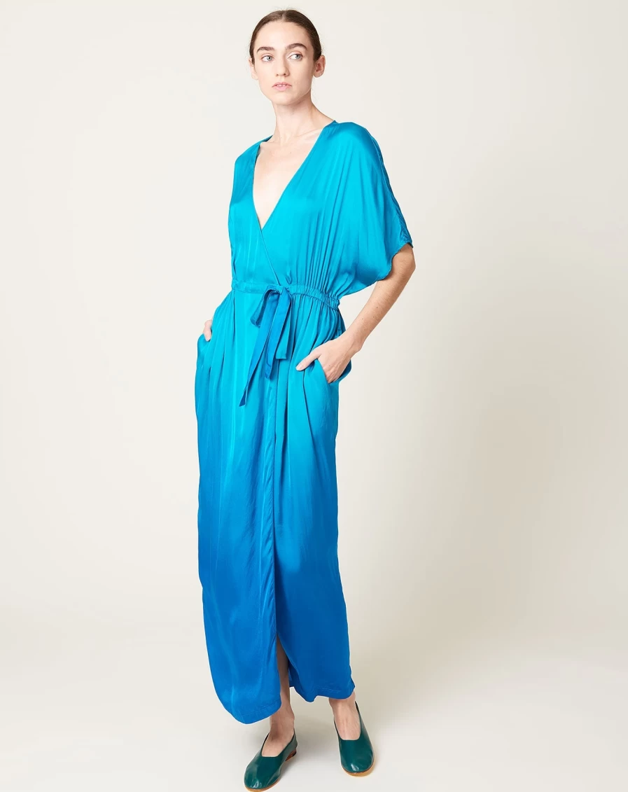 Raquel Allegra Aqua Dip Dye Diane Dress - Light Blue Ombre Boho Chic Maxi Dress