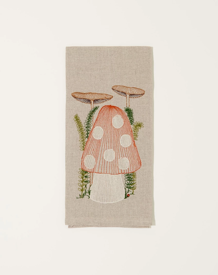 "Coral Tusk Mushroom Print Tea Towel - Kitchen Linen Decor"