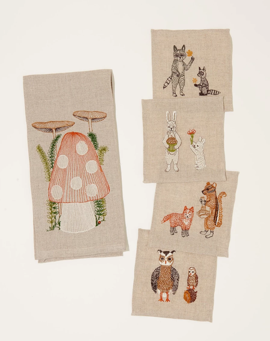"Coral Tusk Mushroom Print Tea Towel - Kitchen Linen Decor"