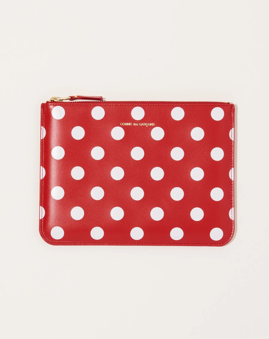 Comme des Garçons Red Polka Dot Printed Leather Wallet Pouch for Women & Men