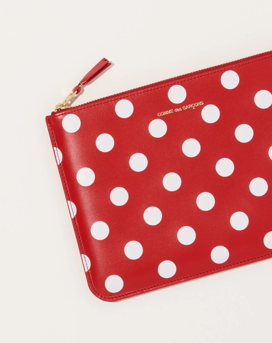 Comme des Garçons Red Polka Dot Printed Leather Wallet Pouch for Women & Men