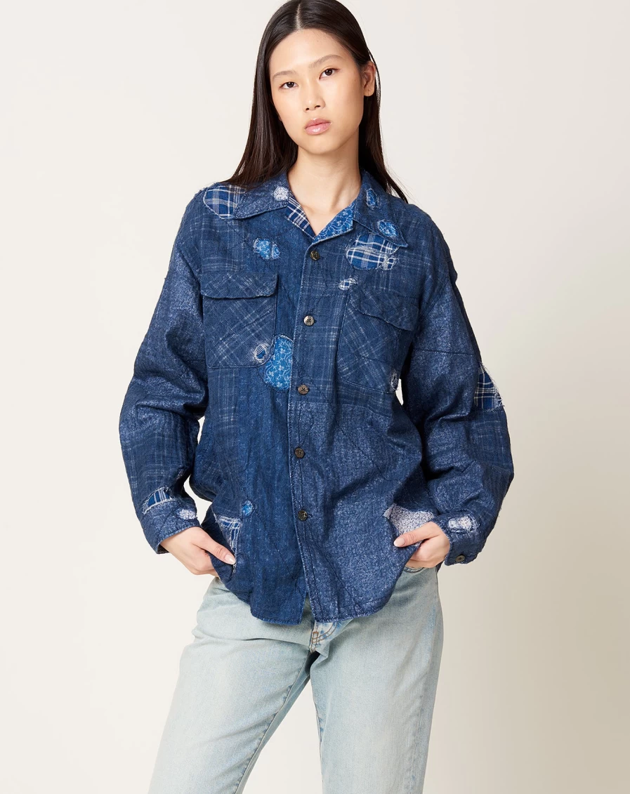 Kapital Nora-Dot Patchwork Board Shirt - Japanese Denim Boro Style Vintage Inspired Top