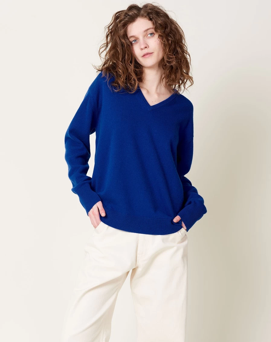 6397 Women's Oversized V-Neck T-Shirt in Cosmic Blue - Soft Relaxed Fit Long Sleeve Top