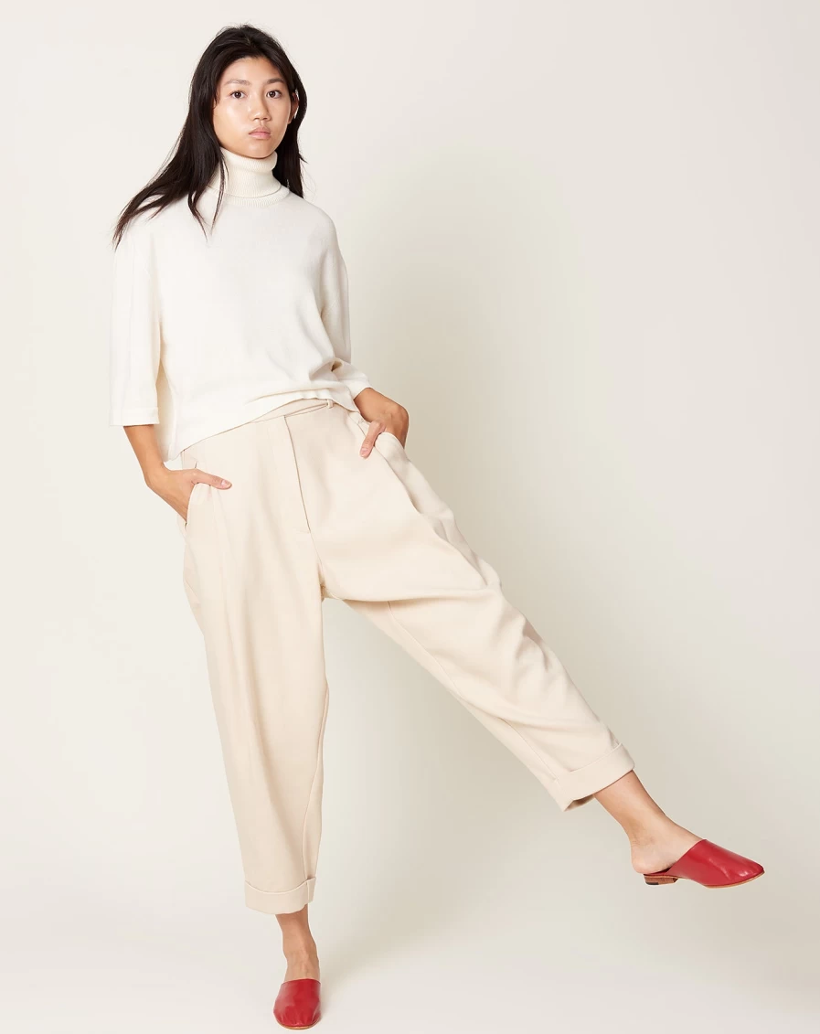 Cordera Women's Cotton Wool Blend Carrot Pants in Alabaster - High Waisted Tapered Trousers