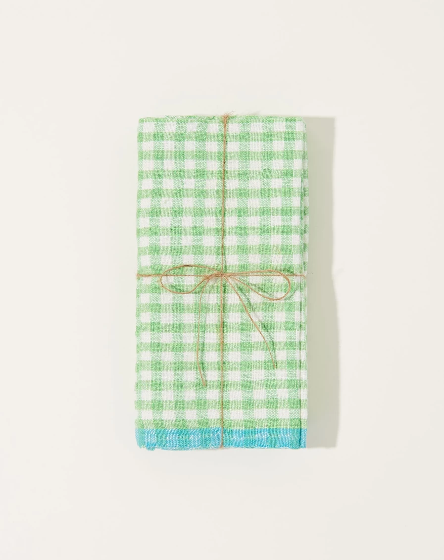 Caravan Set of 4 Lime & Aqua Two-Tone Gingham Napkins - Premium Cotton Table Linens
