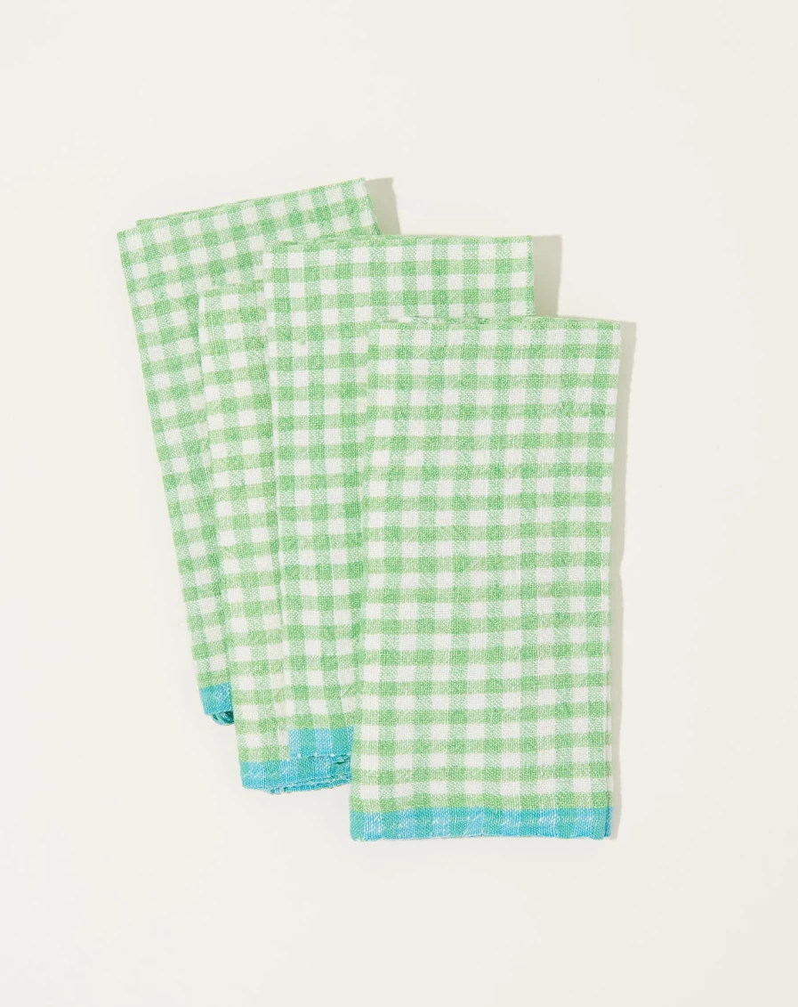 Caravan Set of 4 Lime & Aqua Two-Tone Gingham Napkins - Premium Cotton Table Linens