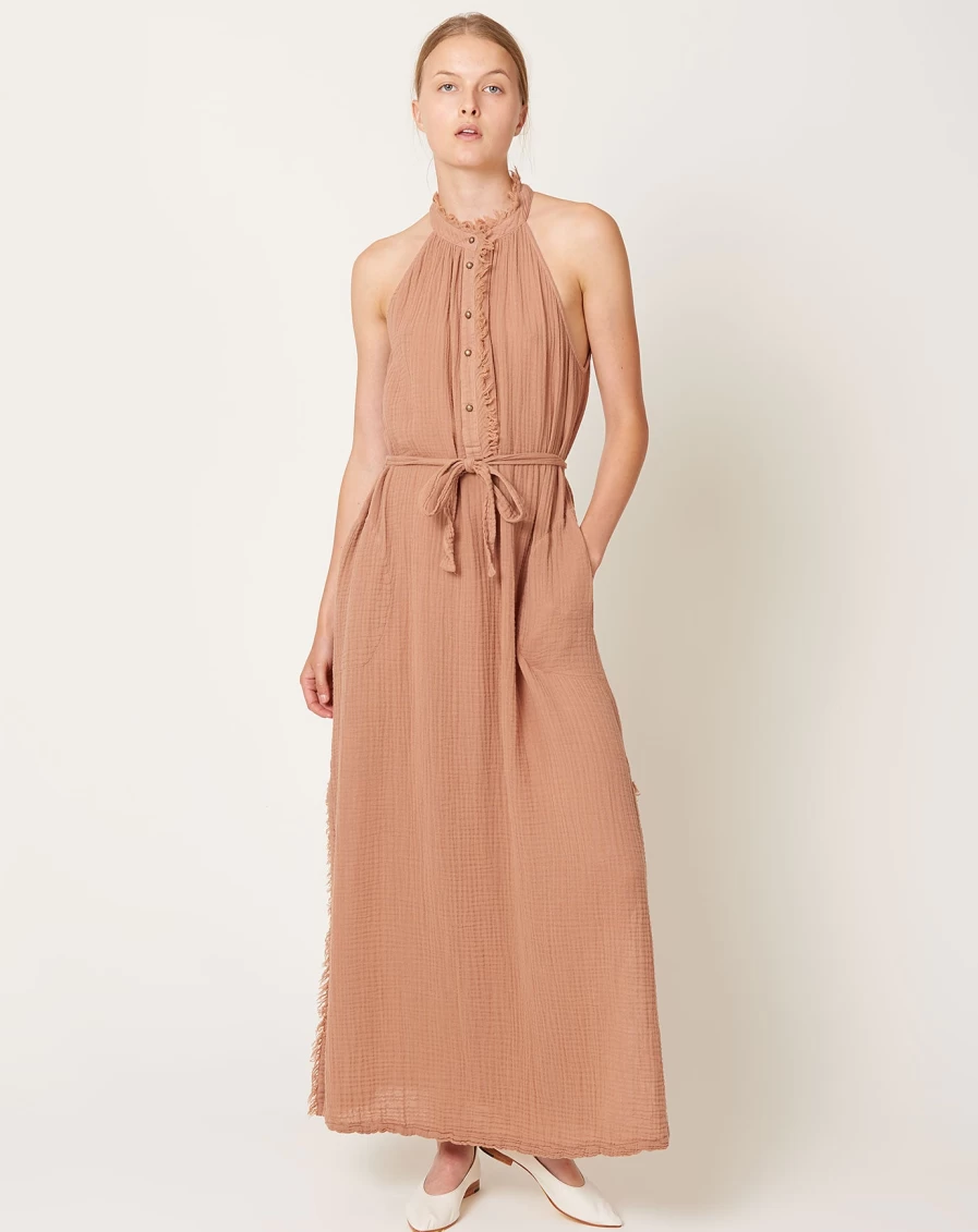 Raquel Allegra Halter Neck Adobe Maxi Dress - Boho Chic Flowy Summer Dress
