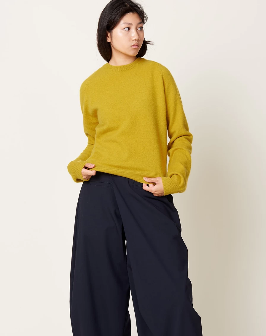 Frenckenberger Yellow Mini Ribbed Neck Sweater Women's Casual Knit Top