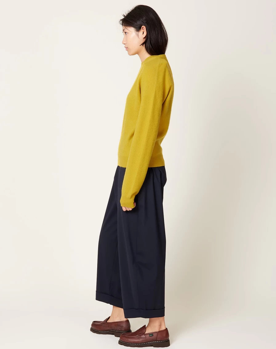 Frenckenberger Yellow Mini Ribbed Neck Sweater Women's Casual Knit Top