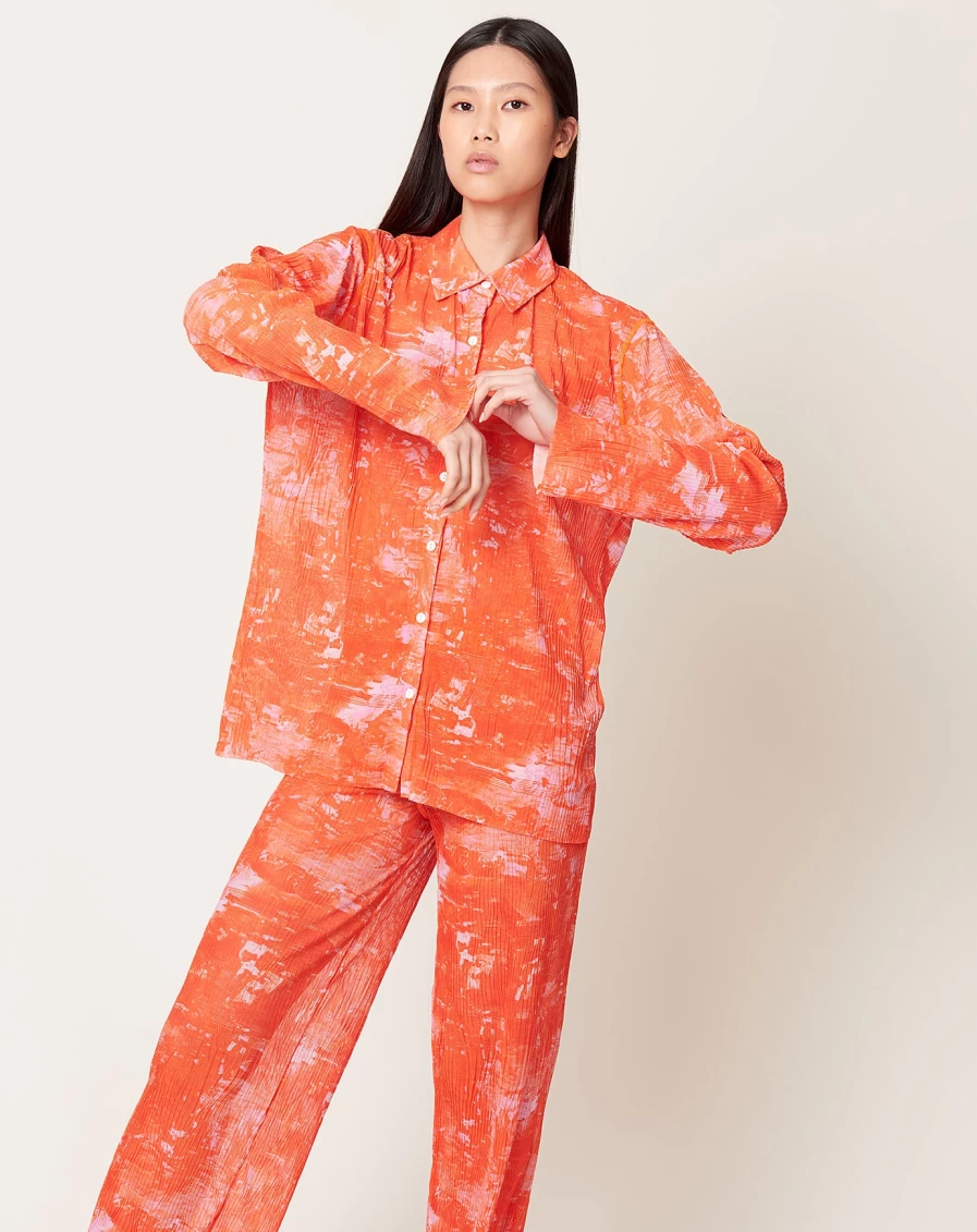 "Henrik Vibskov Orange Mesh Plisse Shirt – Short Sleeve Riddle Design"