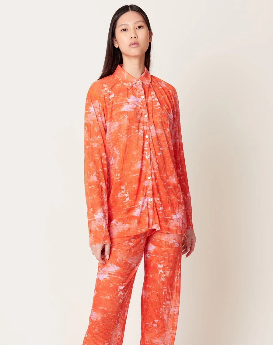 "Henrik Vibskov Orange Mesh Plisse Shirt – Short Sleeve Riddle Design"