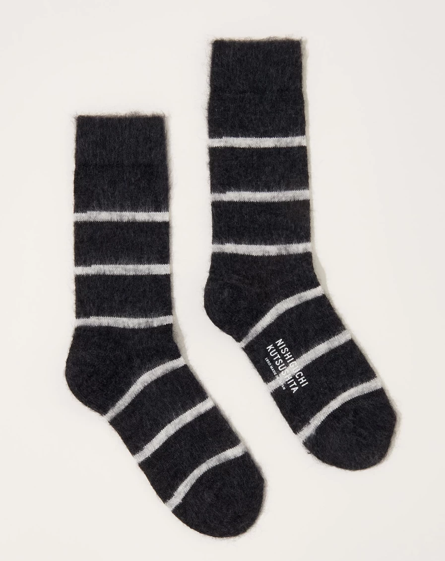 "Nishiguchi Kutsushita Mohair Wool Blend Charcoal Striped Border Socks"