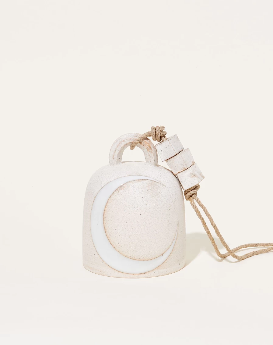 "Crescent Moon Round Thrown Bell by MQuan Studio – Handcrafted Ceramic Wind Chime"