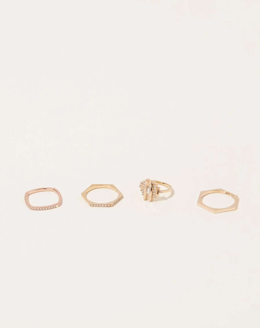 14K Yellow Gold Hexagon Diamond Ring by Selin Kent - Elegant White Diamond Jewelry
