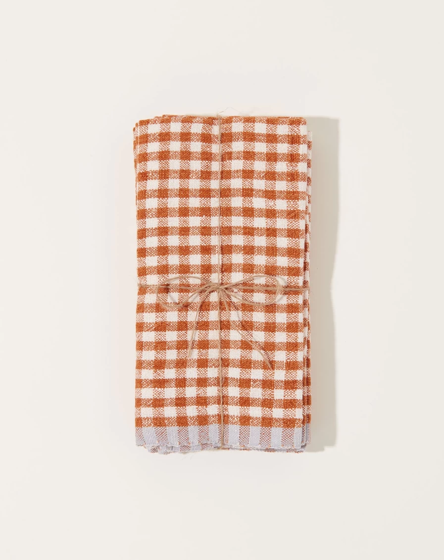 Caravan Two-Tone Gingham Napkins Set of 4 - Cognac & Blue Cotton Table Linens for Dining Decor